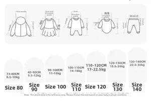 Size chart for kids hooded down jacket showing measurements from 80 to 140 cm