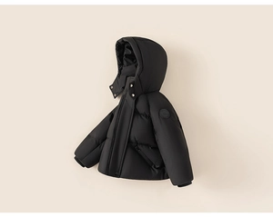 Close-up of black hooded down jacket showing windproof stand collar and sleeve logo