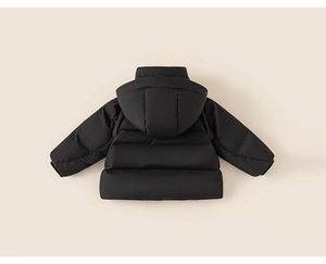 Detailed view of kids hooded down jacket with quilted pattern and windproof black fabric