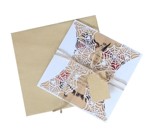 Detail of laser cut spider web invitation with kraft envelope and hemp rope for Halloween