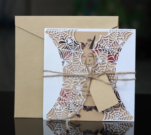 Detail of laser cut spider web invitation set with kraft paper card and vintage patterns