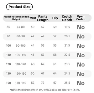 Size chart for girls casual leggings showing height, waist, and length for sizes 80-140