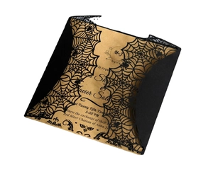 Gothic laser cut Halloween invitation with black spider web cover and kraft inner card