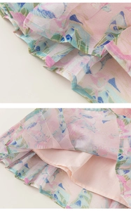 Detail of floral chiffon fabric with pleated texture and soft pink lining for girls' dress