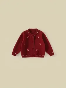 Girls Vintage Wine Red Knitted Cardigan Sweater Mushroom Embroidered Round Neck Warm Long Sleeve Button Knit Jacket Coat