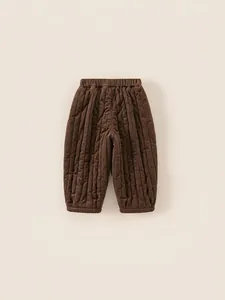 Quilted warm winter windproof pants for kids in dark brown with elastic cuffs and waist