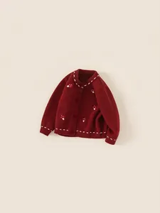 Kids vintage dark red cardigan featuring cute embroidered mushroom patterns and white piping