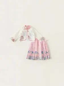Girls New Chinese Style Hanfu Outfit White Embroidery Top And Pink Pleated Mamian Skirt Ancient Landscape Print Traditional Tang Suit For Kids