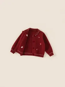 Festive red knit cardigan for girls with mushroom embroidery and pom-pom buttons