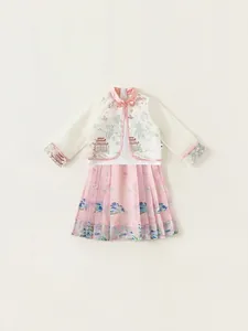 Girls' Neo-Chinese Hanfu set with white mandarin collar top and pink pleated Mamian skirt