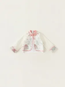 Chinese style traditional kids' outfit with exquisite embroidery and pink satin trim