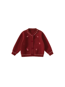 Festive red knit cardigan for kids with mushroom embroidery and button closure details