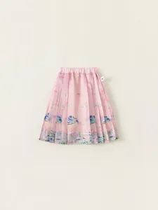 Pink pleated girls' traditional skirt with landscape print and elastic waist