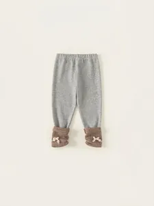 Toddler Girls Sweet Gray Leggings Soft Polyester Knit Pants With Bow Cherry Decor Ribbed Contrast Cuffs Casual Tights