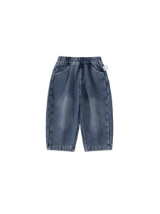 Kids warm fleece lined denim pants in dark blue with elastic waist and washed effect