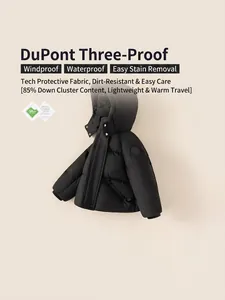 Waterproof black hooded puffer jacket for children with 85% down insulation