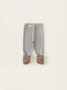 Cozy grey knitted baby leggings with brown ribbed cuffs and elastic waist for girls