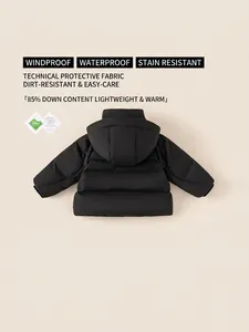 Waterproof black hooded puffer jacket for girls with 85% white duck down insulation
