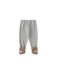 Grey cotton leggings for girls with brown ribbed cuffs and floral bow details