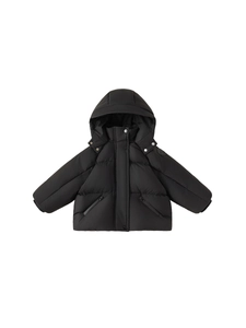 Water-resistant black hooded down jacket for kids with windproof matte fabric and warm filling
