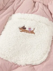 Pink quilted winter pants for girls with white fleece pocket and cute puppy embroidery