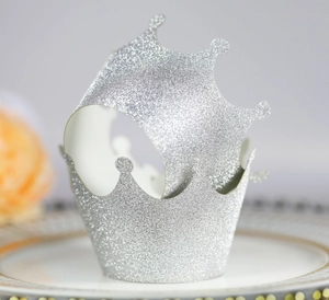 Elegant silver glitter crown cupcake wrapper with laser cut design for wedding parties