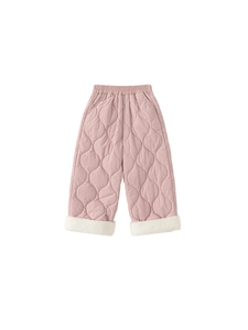 Quilted warm winter pants for girls in light pink with white fleece cuffs and elastic waist