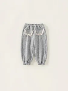 Pantalon de Jogging Casual Gris Chiné en Coton pour Fillettes Avec Broderie Florale en Dentelle Style Pastoral Jogging à Taille Élastique Pantalon d'Automne