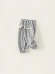 Pantalon de jogging gris pour filles avec broderie florale et détails en dentelle