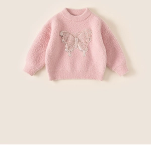 Detail of pink toddler sweater with 3D mesh butterfly embroidery and sequin accents