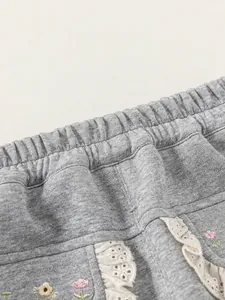 Pantalon de jogging gris pour fille avec taille élastique et broderie florale