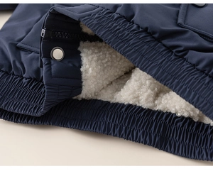 Detail of blue windproof jacket with thick white sherpa lining and metal snap buttons