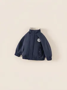 Navy blue boys' windproof winter bomber jacket with warm fleece collar and vintage patch