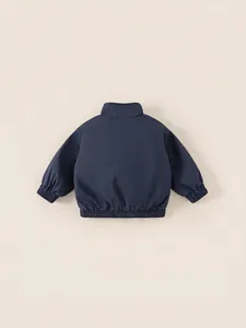 Navy blue windproof winter jacket for boys with ribbed cuffs and hem, back view display