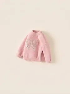 Pink knitted girls' sweater with soft plush texture and large butterfly graphic design