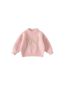 Pink mohair knit sweater for toddler girls with large butterfly embroidery and sequins