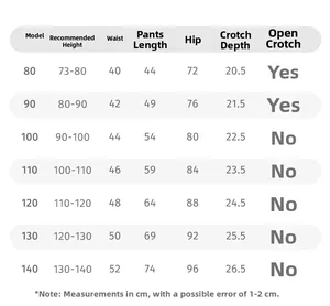 Tableau des tailles pour pantalons enfants indiquant taille, taille et longueur