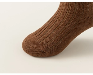 Detail of dark brown knitted cotton socks featuring vertical rib texture and seamless toe