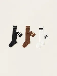 Kids Preppy Style Double Stripe Mid-Calf Socks Breathable Cotton Blend Ribbed Knit Long Socks For Girls Toddlers