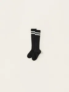 Classic black ribbed cotton knee high socks with white stripes for girls school style