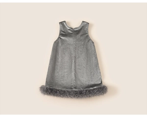 Macro detail of velvet girls dress with pearl collar and fluffy faux fur hemline