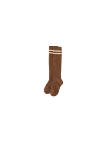 Classic dark brown ribbed knee-high cotton socks with two cream stripes for young girls