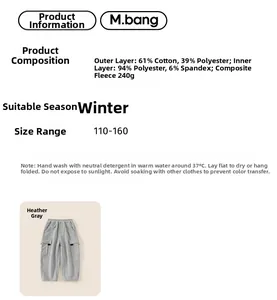 Detail view of boys gray winter jogger pants showing material composition and warm fleece lining