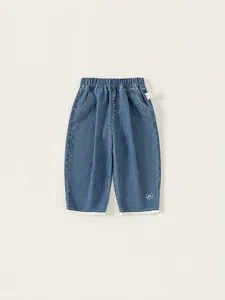 Jeans in Denim per Ragazze Con Ricamo a Fiocco e Bordo in Pizzo Dolce Vita Elastica Gamba Dritta Pantaloni Casual Bambini Cotone