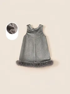 Elegant grey winter sleeveless dress for girls with faux fur hem and warm lining details