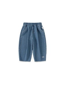 Pantaloni in denim blu da bambina con bordo in pizzo e ricamo con fiocco