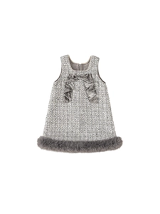 Silver grey girls sleeveless sequin dress with velvet bow and elegant pearl collar detail