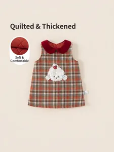 Girls Winter Retro Plaid Padded Dress With Red Velvet Peter Pan Collar Cute Cartoon Dog Embroidery Sleeveless A-Line Warm Dress