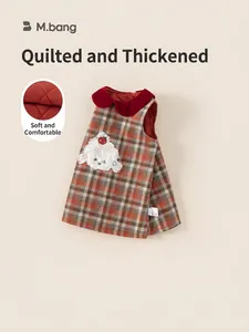 Girls plaid padded sleeveless A-line dress with red doll collar and puppy embroidery