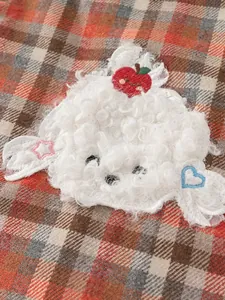 Winter girls plaid A-line dress with plush cartoon dog patch and warm red apple embroidery
